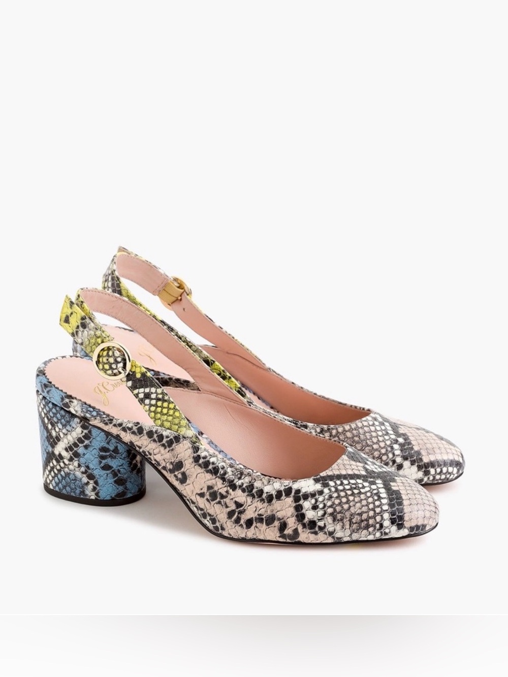 J. Crew Snake-Print Slingback Heels in Beige, Black, Yellow & Blue